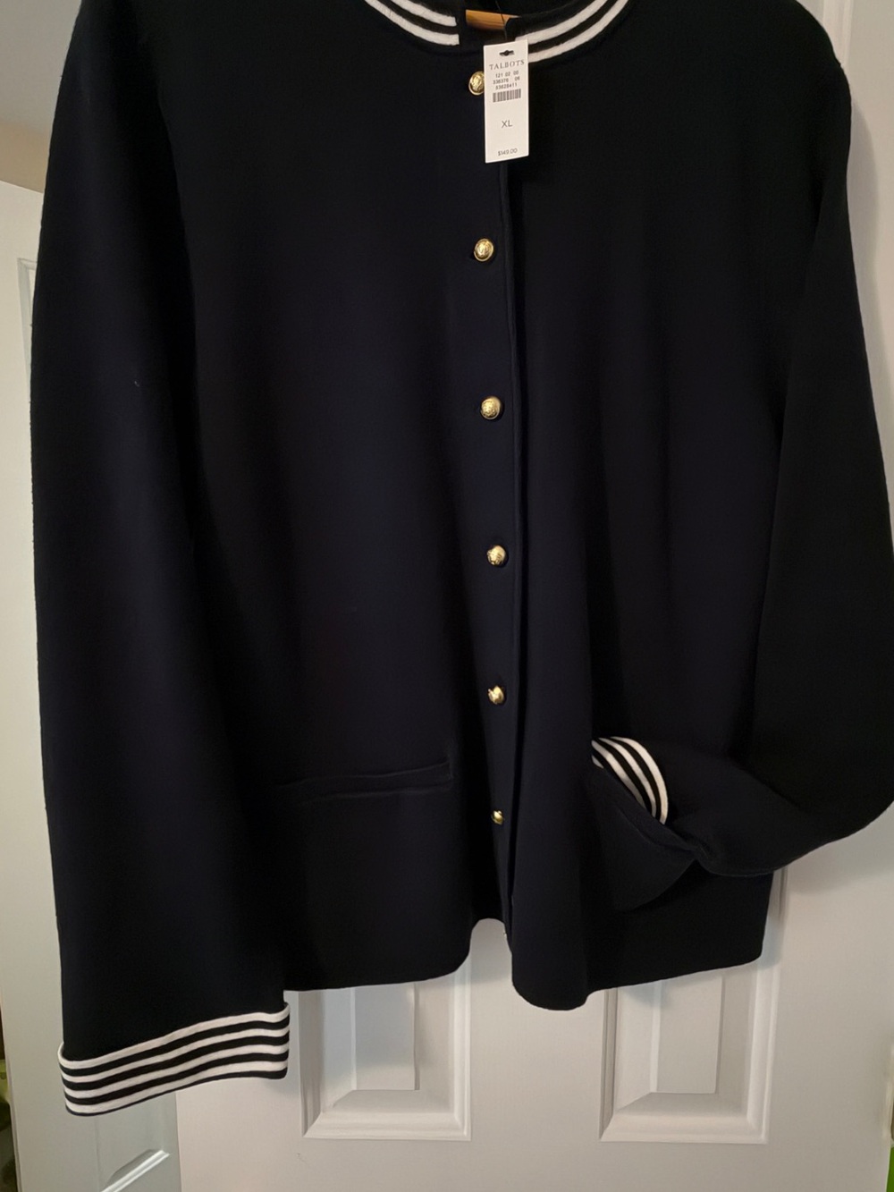 Talbots Navy Cardigan with White Stripe Trim and Gold-Tone Buttons